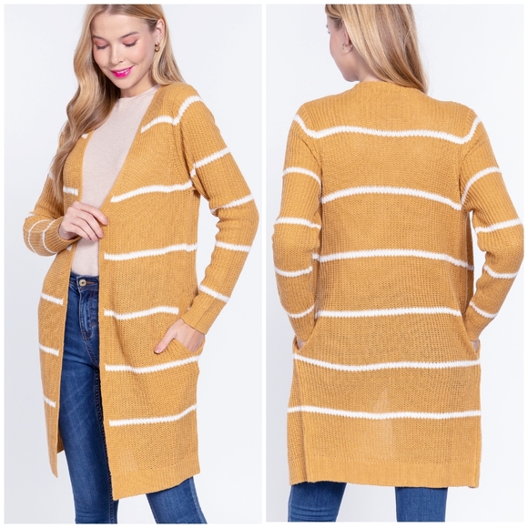 LAST 1❗️Cozy Chic Ochre Striped Longline Open Cardigan - Picture 2 of 7